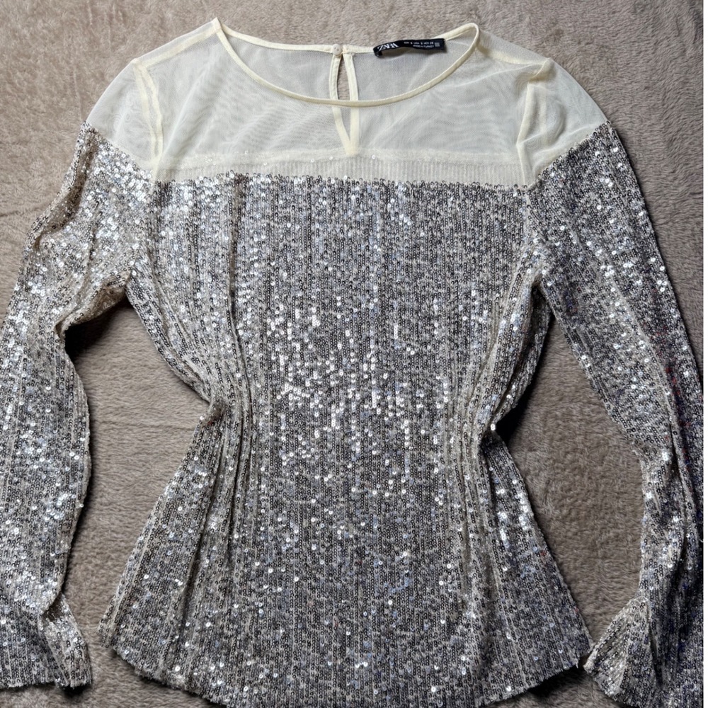 ZARA‎ Silver Sequin Mesh Long Sleeve Top  Festival Glam Going out Sparkly